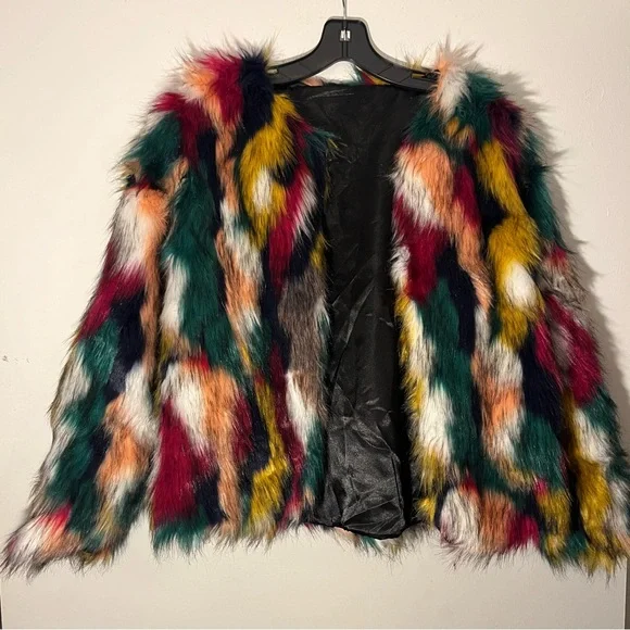 Multicolor Faux Fur Coat Long Sleeve Open Front Luxury Colorful Fuzzy Jacket - Picture 12 of 13